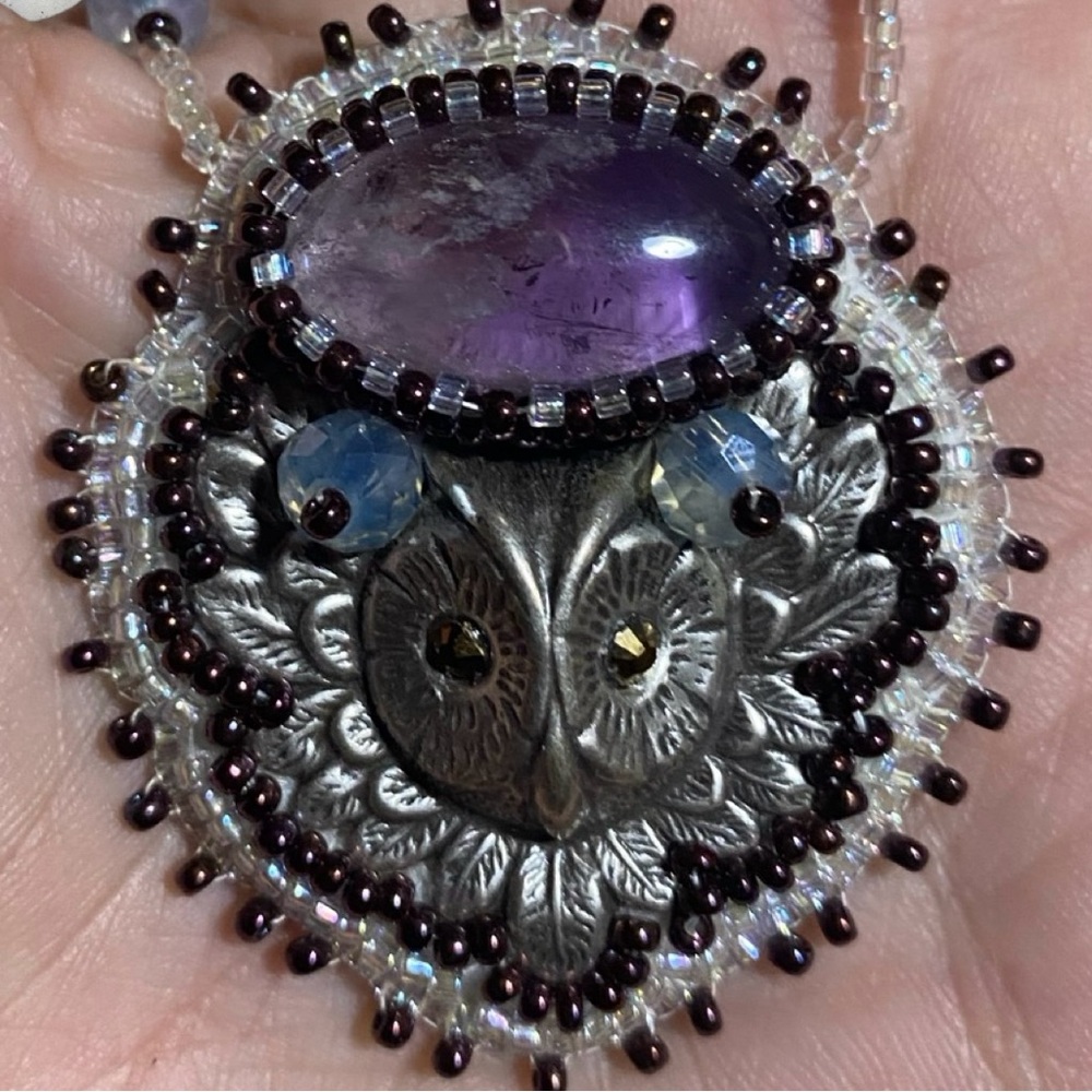 Amethyst Owl Bead Embroidered Crystal Necklace - Picture 4 of 13